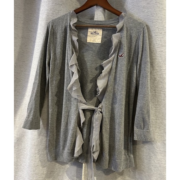 Hollister Open Cardigan Gray Sz Large, Lace Tie‎ Ruffled Waterfall Y2K - Picture 2 of 6